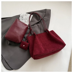 Detailed set of burgundy red suede tote bag with inner pouch and mini coin purse charm