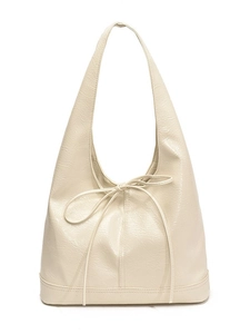 Minimalist cream white hobo tote bag with pleated leather texture and bow detail