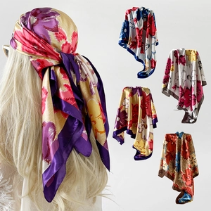 Floral Printed Satin Square Scarf For Women Fashion Headscarf Elegant Neck Scarf Silk Like Polyester Bandana Hair Accessory
