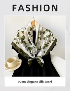 Close-up of elegant 90cm satin square scarf with white rose print and green borders