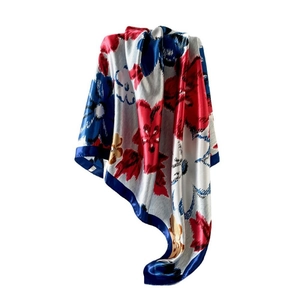 90cm satin square scarf with red and blue floral print and navy blue border
