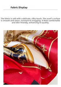 Close-up of soft red silk scarf fabric with golden baroque patterns and smooth texture