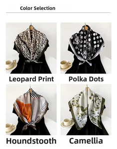 Four patterns of 90cm satin silk scarves: leopard, polka dot, houndstooth, and camellia