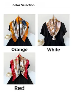 Detailed color selection of satin square scarves featuring vintage paisley and baroque patterns