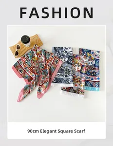 Flat lay of 90cm vintage satin square scarves with colorful prints and bohemian patterns