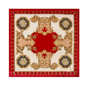 Detailed pattern of baroque silk square scarf with red and gold vintage floral design