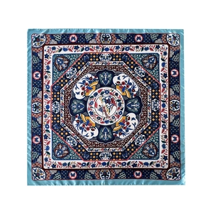 Macro detail of square satin scarf with vintage floral patterns and oriental pavilion print