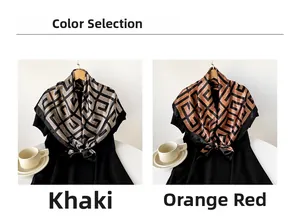 Close-up of geometric pattern on satin silk scarves in khaki and orange red colors