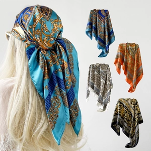 Damen Barock Druck Satin Quadratischer Schal Retro Griechischer Schlüssel Rand Seidenähnliches Stirnband Halstuch Luxus Elegante Mode Accessoires