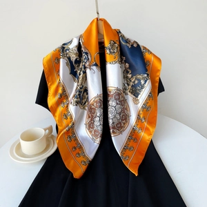 Elegant 90cm square satin silk scarf with orange paisley print and baroque patterns