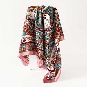 Detailed view of bohemian floral print satin silk square scarf with light pink borders