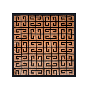 Macro shot of 90cm square satin silk scarf showing luxury geometric 4G logo and black border
