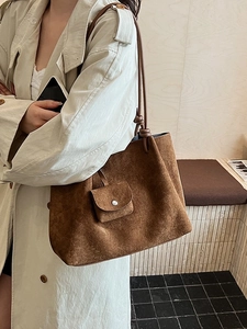 Large caramel suede tote bag with matching pouch and knotted shoulder strap