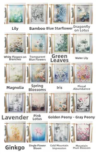 Catalogue détaillé montrant 20 variantes de foulards en soie aux motifs floraux et paysages