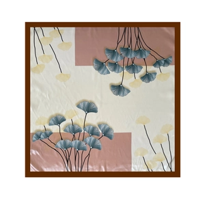 Detailed flat lay of 90cm square satin scarf featuring ginkgo leaf pattern in soft pink