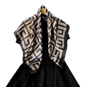 Elegant 90cm champagne gold and black geometric pattern satin silk square headscarf