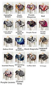 Collage of 18 satin silk scarves with floral, zebra and leopard print patterns