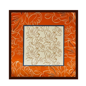 Flat lay of a 90cm square satin scarf featuring orange floral patterns and blue borders