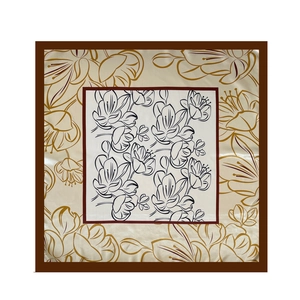 Detailed pattern of a square satin scarf with elegant floral prints and brown borders