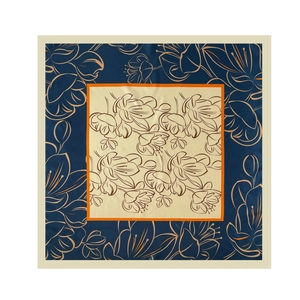 Close-up of floral lily patterns and color-block design on silk satin square scarf