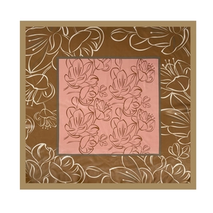 Flat lay of satin silk square scarf with elegant floral prints and brown border