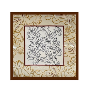 Elegant 90cm square satin silk scarf with vintage floral prints and a wide brown border