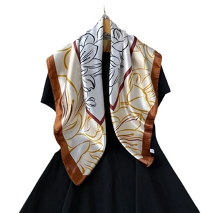Elegant 90cm floral satin silk scarf with white background and gold flower print for women