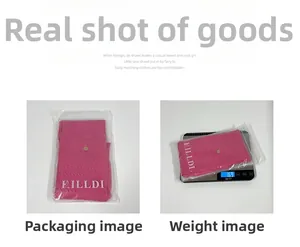 Detail view of pink knit shawl packaging and weight display showing the soft thick texture