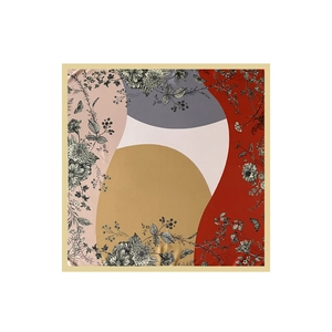 Detail view of double-sided silk scarf featuring floral prints and geometric color blocks