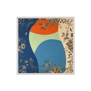 Detail of 90cm silk square scarf showing geometric blocks and vintage floral prints