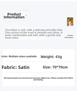 Detail card showing 70cm satin scarf specifications, fabric weight, and paisley print style