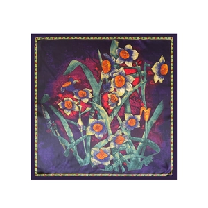 Detail of artistic daffodil pattern on a square satin silk scarf with purple background