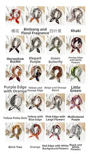 Detailed grid showing 20 colorful pleated silk scarves with floral and geometric patterns