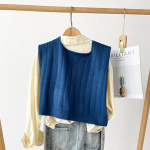 Close-up of a navy blue knit vest styled over a beige cotton shirt on a hanger
