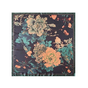 Detail of a 90cm satin square scarf featuring deep blue peony floral patterns and butterfly