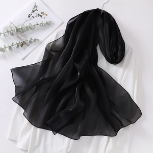 Close-up of translucent black organza hijab showing smooth silk texture and drape