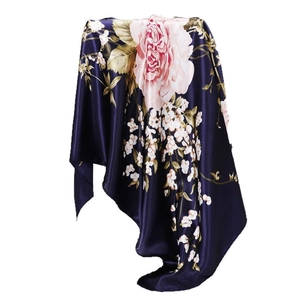 Floral silk satin square scarf with realistic pink rose print on navy background