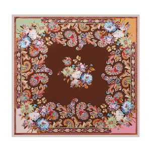 Detail of vintage paisley and floral print on 90cm square satin silk scarf for women