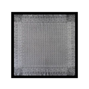 Macro detail of high-quality woven silk scarf with elegant grey geometric pattern and hem