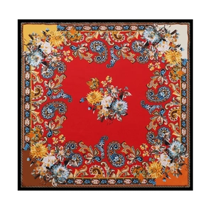 Close-up of vintage floral paisley pattern on a 90cm square red silk satin scarf