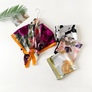 Elegant 90cm floral print satin silk square scarf with various patterns for women