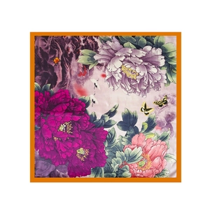 90cm square silk scarf with floral peony and crane print in traditional Chinese art style