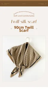 Detail of 90cm twill silk scarf with elegant black polka dots and champagne base