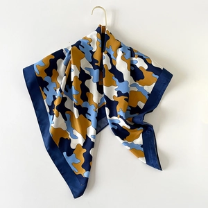 Elegant camouflage print square silk scarf for women in navy blue and gold tones