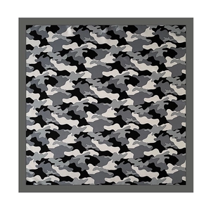 Detail of the camouflage print square scarf with grey borders and 90cm twill texture
