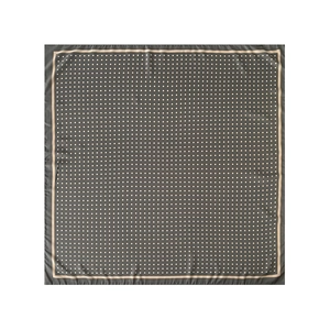 Close-up of silk-like dark grey square scarf with beige polka dots and fine border texture