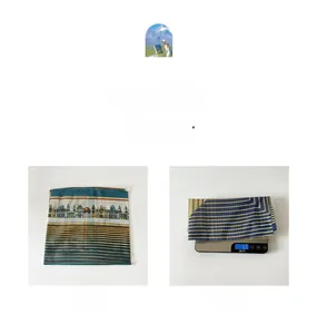 Detail view showing a 57g spring silk scarf with mosque print and blue-gold stripes