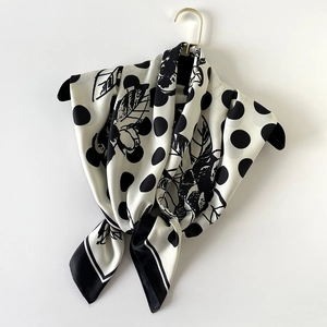 Polka dot and floral 90cm silk-like twill square scarf in classic black and white