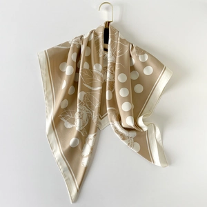 Elegant 90cm twill square scarf in camel with white polka dots and camellia patterns