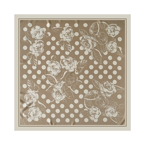 Coffee polka dot silk square scarf with white camellia pattern and satin finish